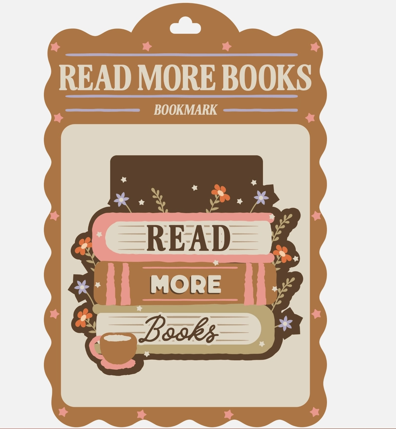 A decorative bookmark card with the phrase 'READ MORE BOOKS' and 'BOOKMARK' printed at the top, featuring an illustrated stack of books, small flowers, leaves, and a coffee cup on a cream background.