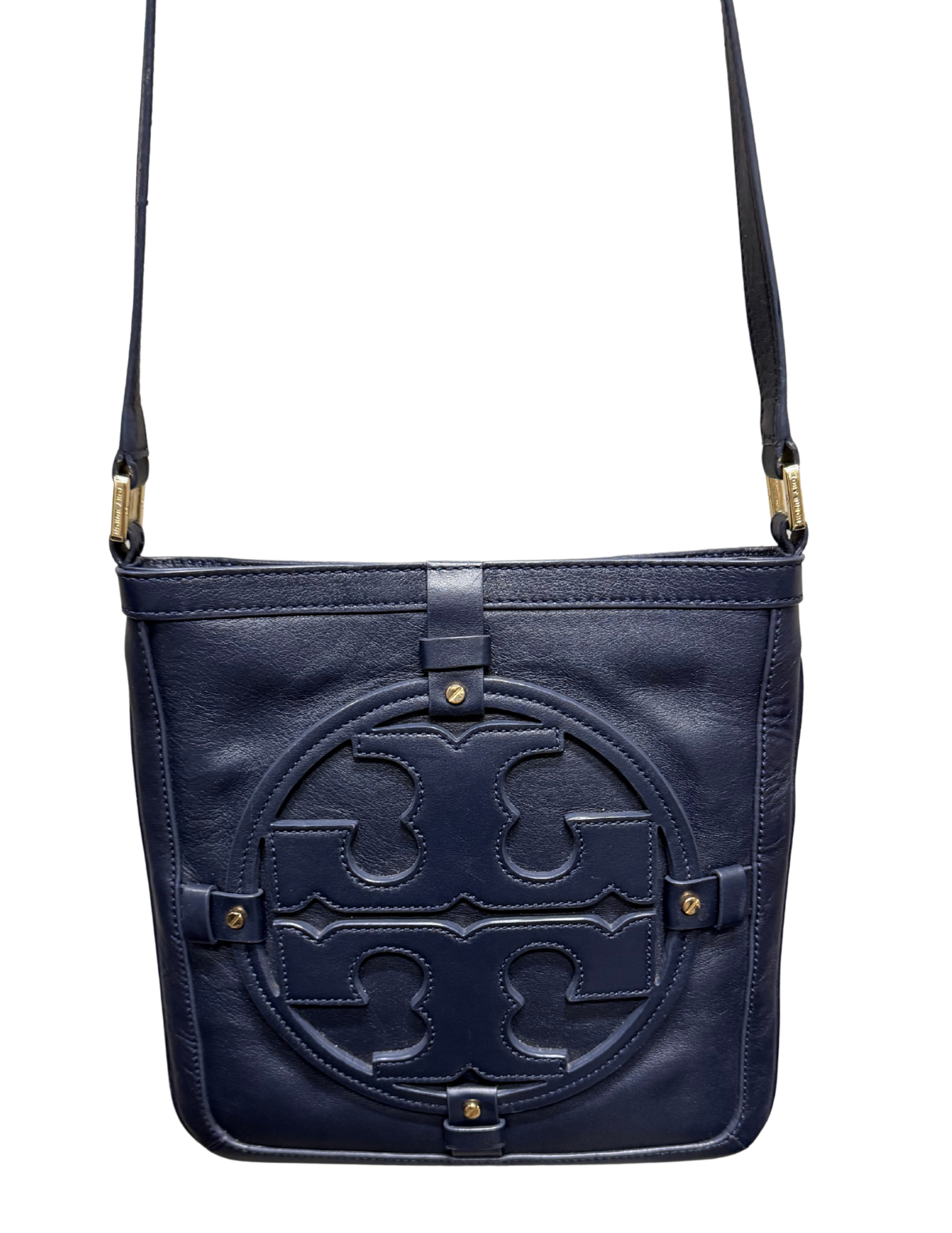 Navy blue handbag with gold accents on a white background