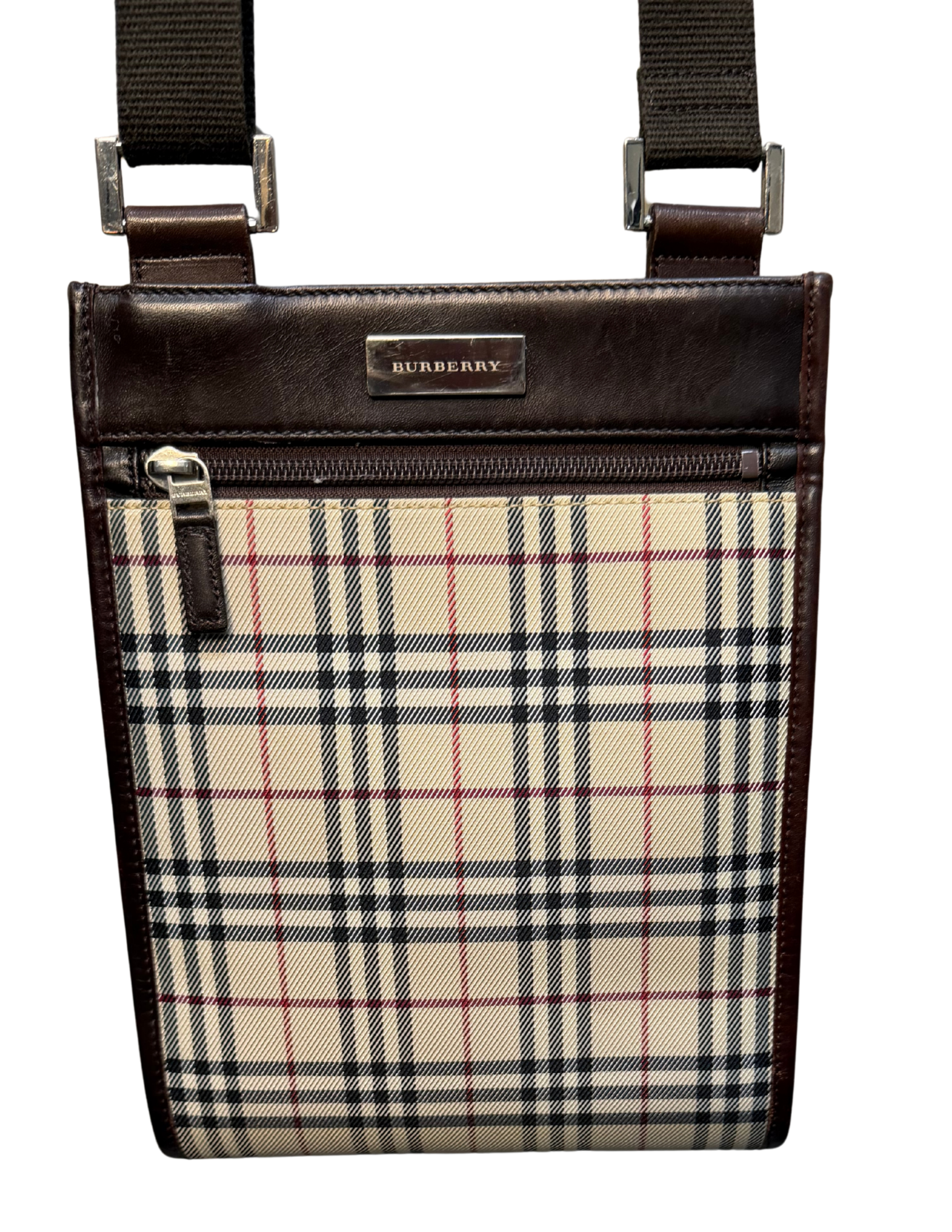 Burberry crossbody bag with plaid pattern and brown leather accents on a white background