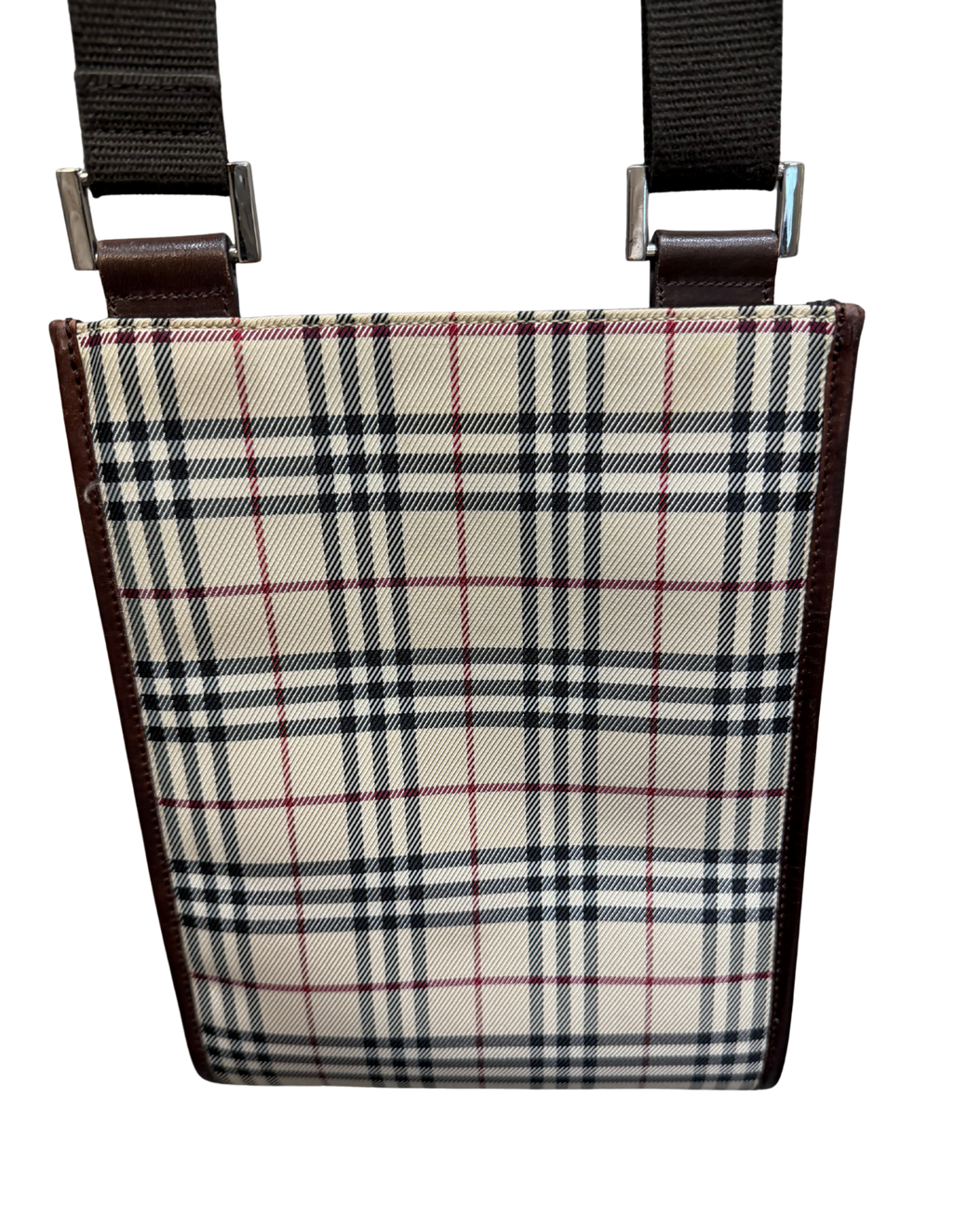 Plaid pouch with brown straps on a white background