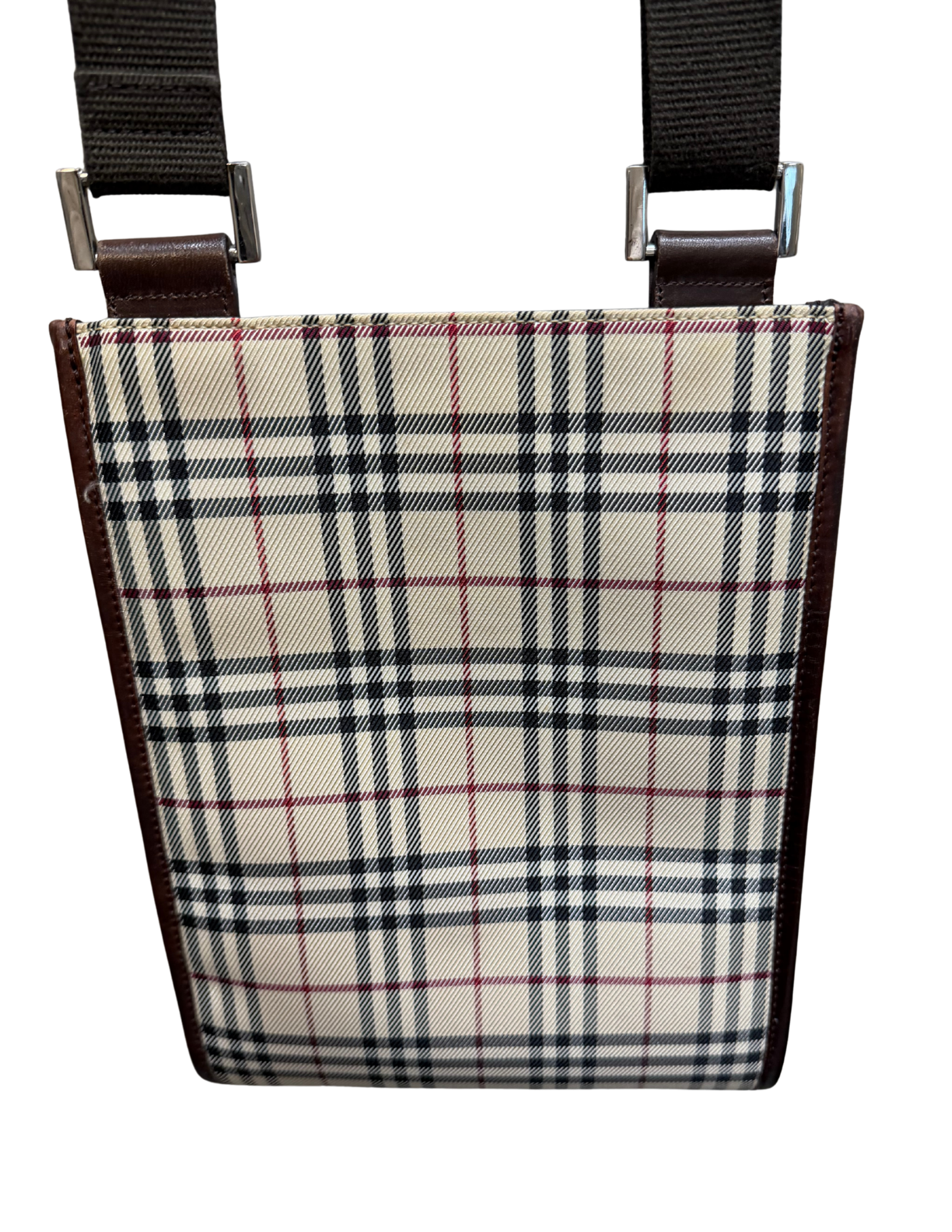 Plaid pouch with brown straps on a white background