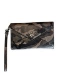 Camouflage-patterned Prada wallet with a strap on a white background