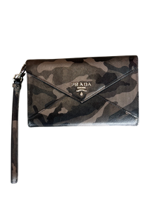 Camouflage-patterned Prada wallet with a strap on a white background
