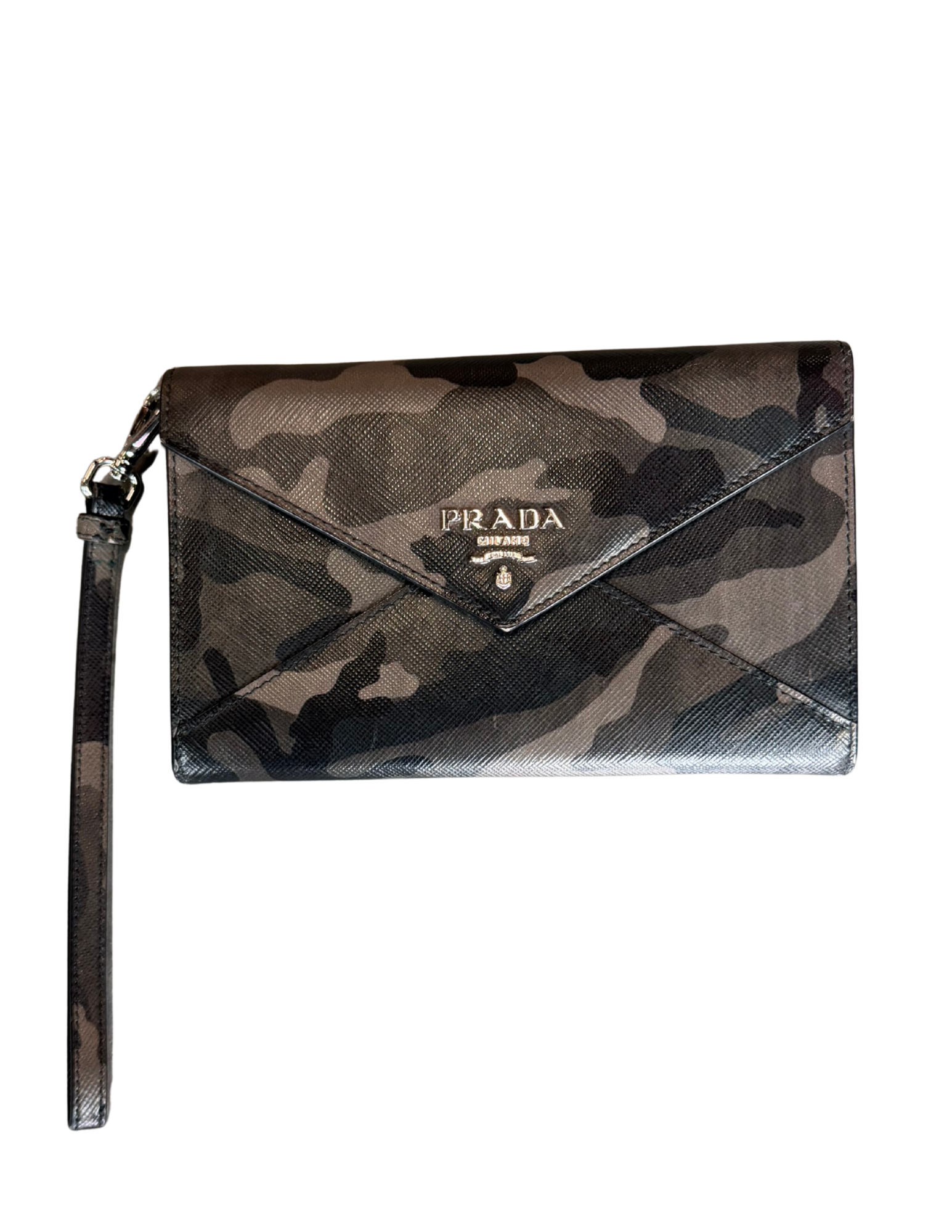 Camouflage-patterned Prada wallet with a strap on a white background