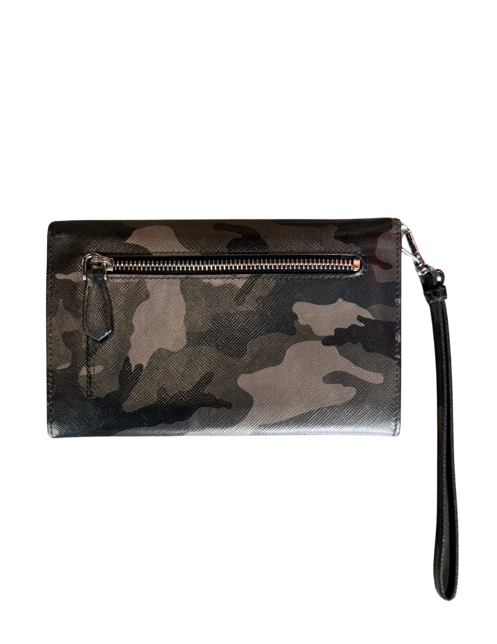 Camouflage-patterned clutch bag with a wrist strap on a white background