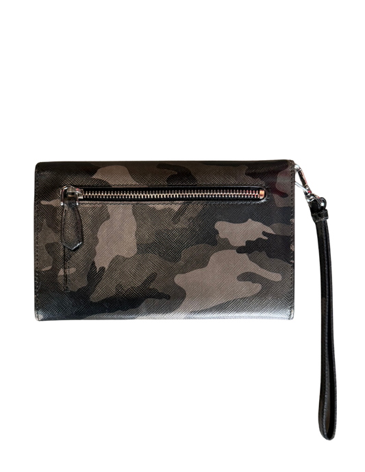 Camouflage-patterned clutch bag with a wrist strap on a white background