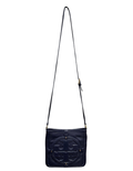 Black crossbody bag with a strap on a white background