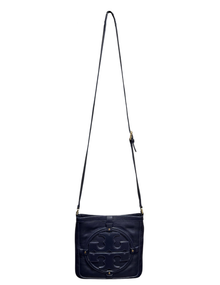 Black crossbody bag with a strap on a white background