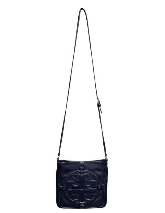 Black crossbody bag with a strap on a white background
