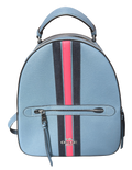 Light blue backpack with black and pink stripes on a white background