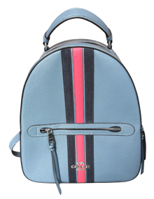 Light blue backpack with black and pink stripes on a white background