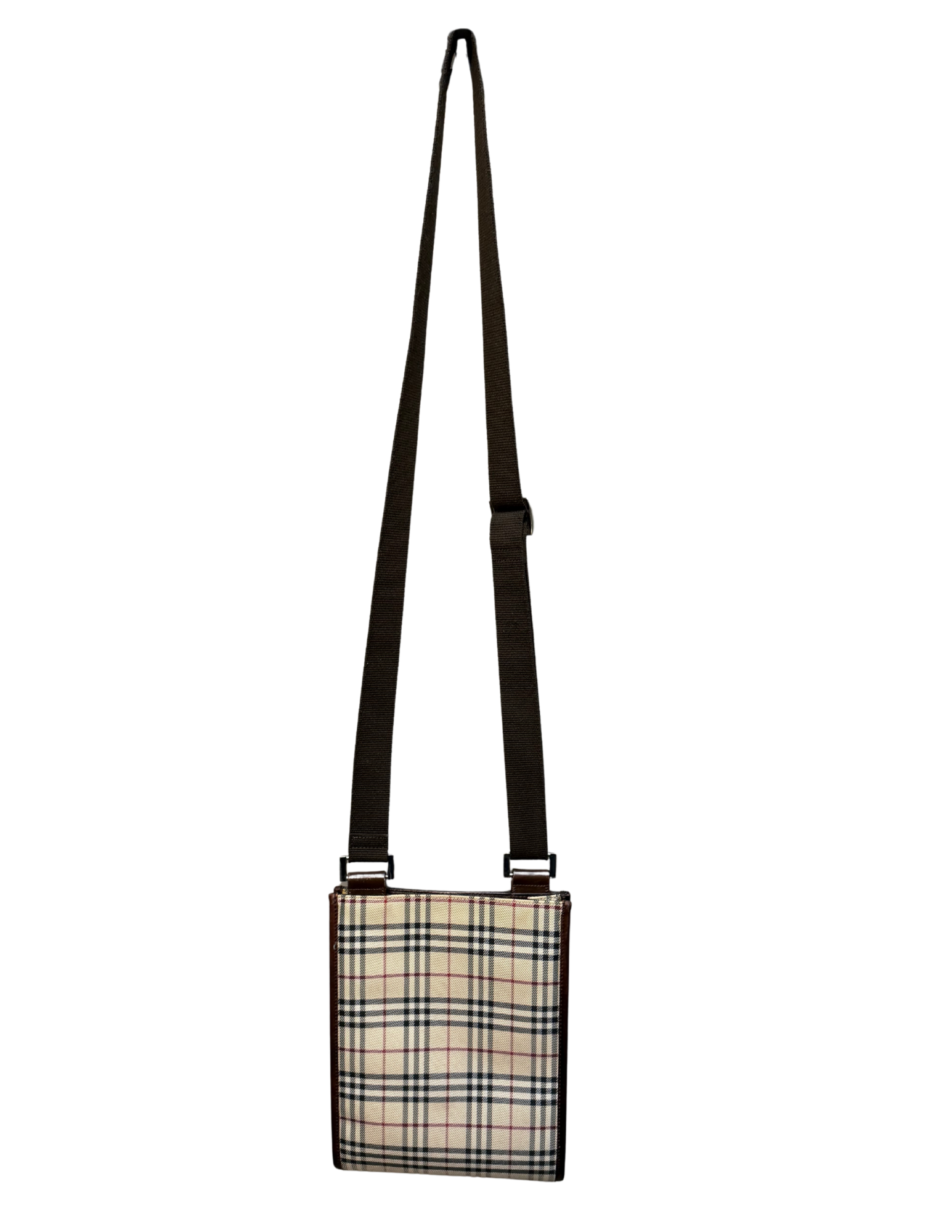 Plaid patterned crossbody bag on a white background