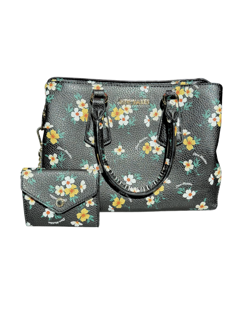 Floral-patterned handbag and matching wallet on a white background