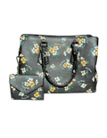 Floral-patterned handbag and matching wallet on a white background