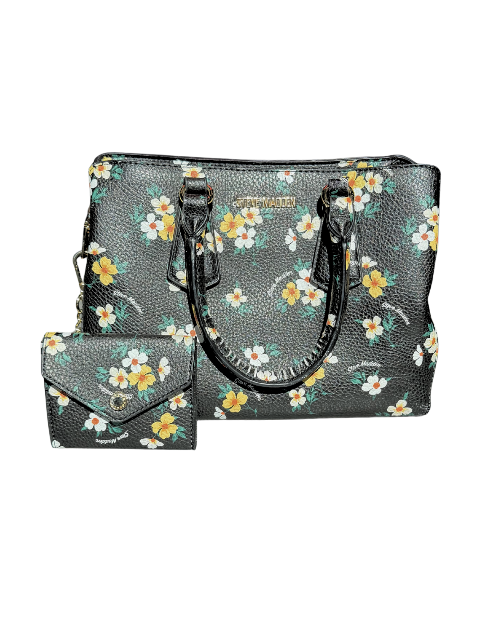 Floral-patterned handbag and matching wallet on a white background