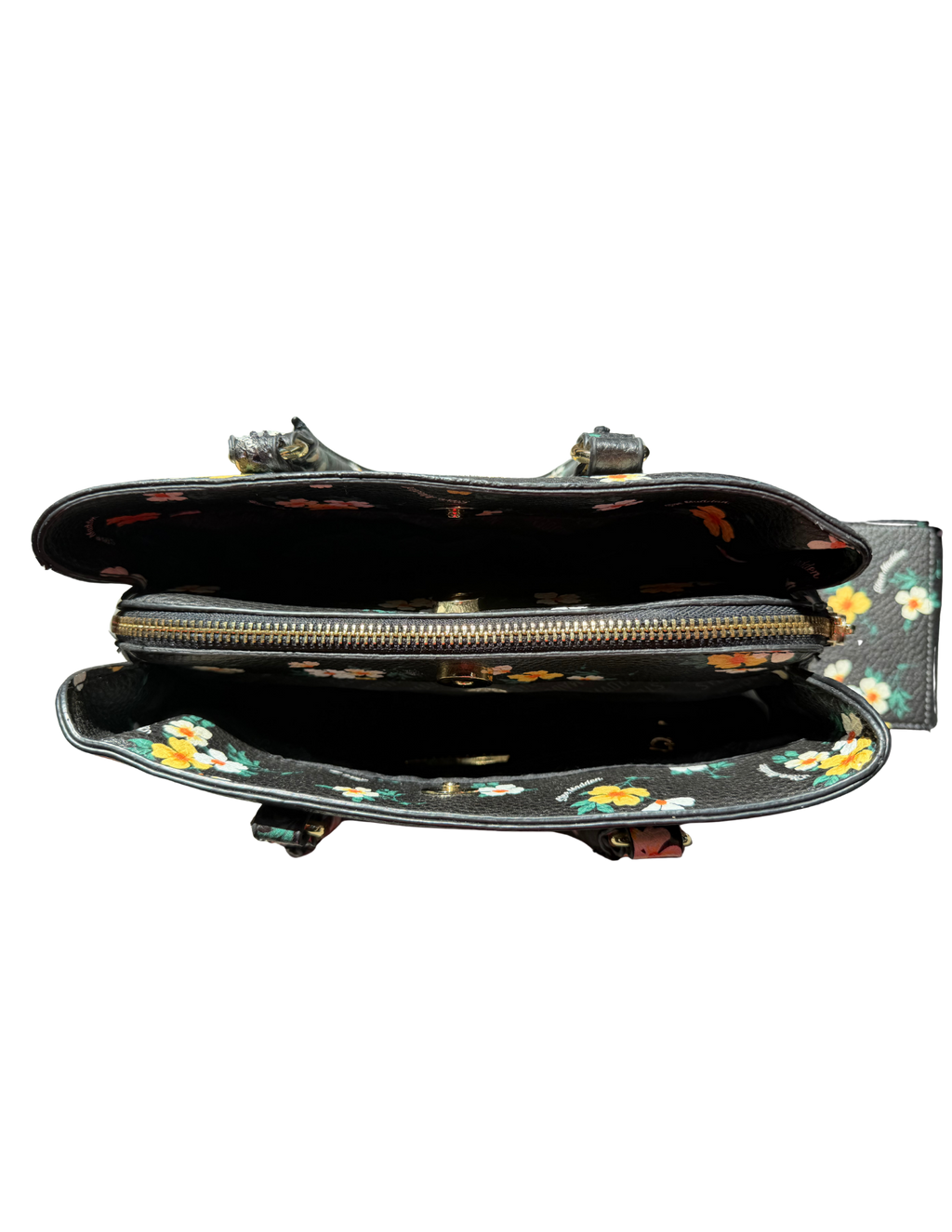 Floral-patterned handbag with a zipper on a white background