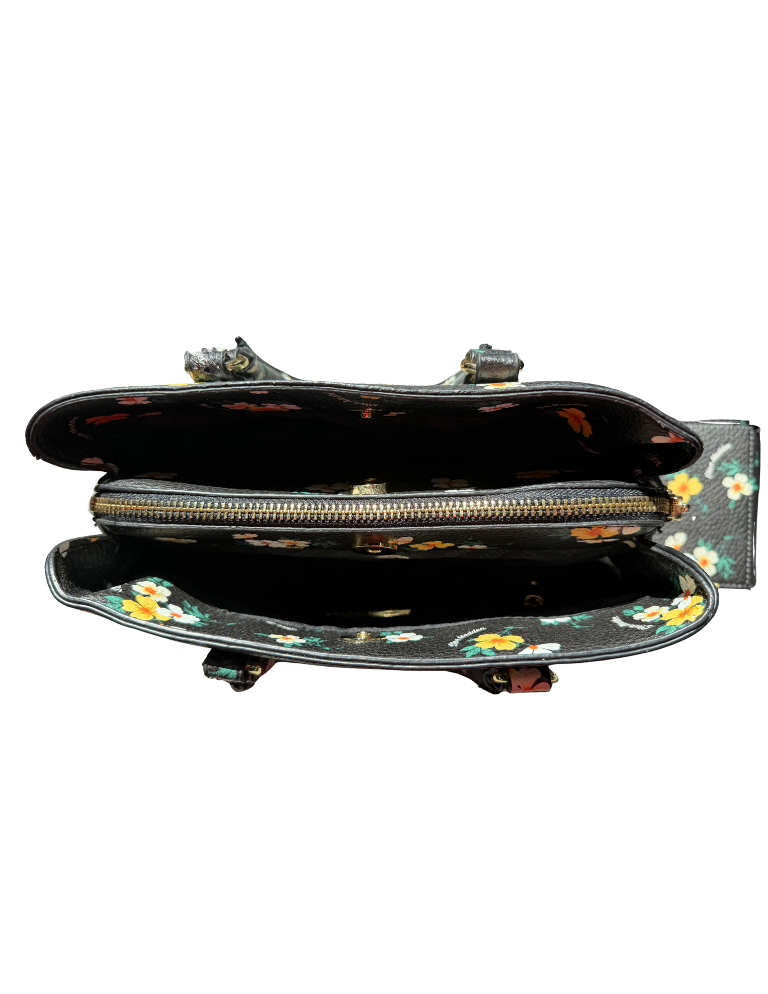Floral-patterned handbag with a zipper on a white background