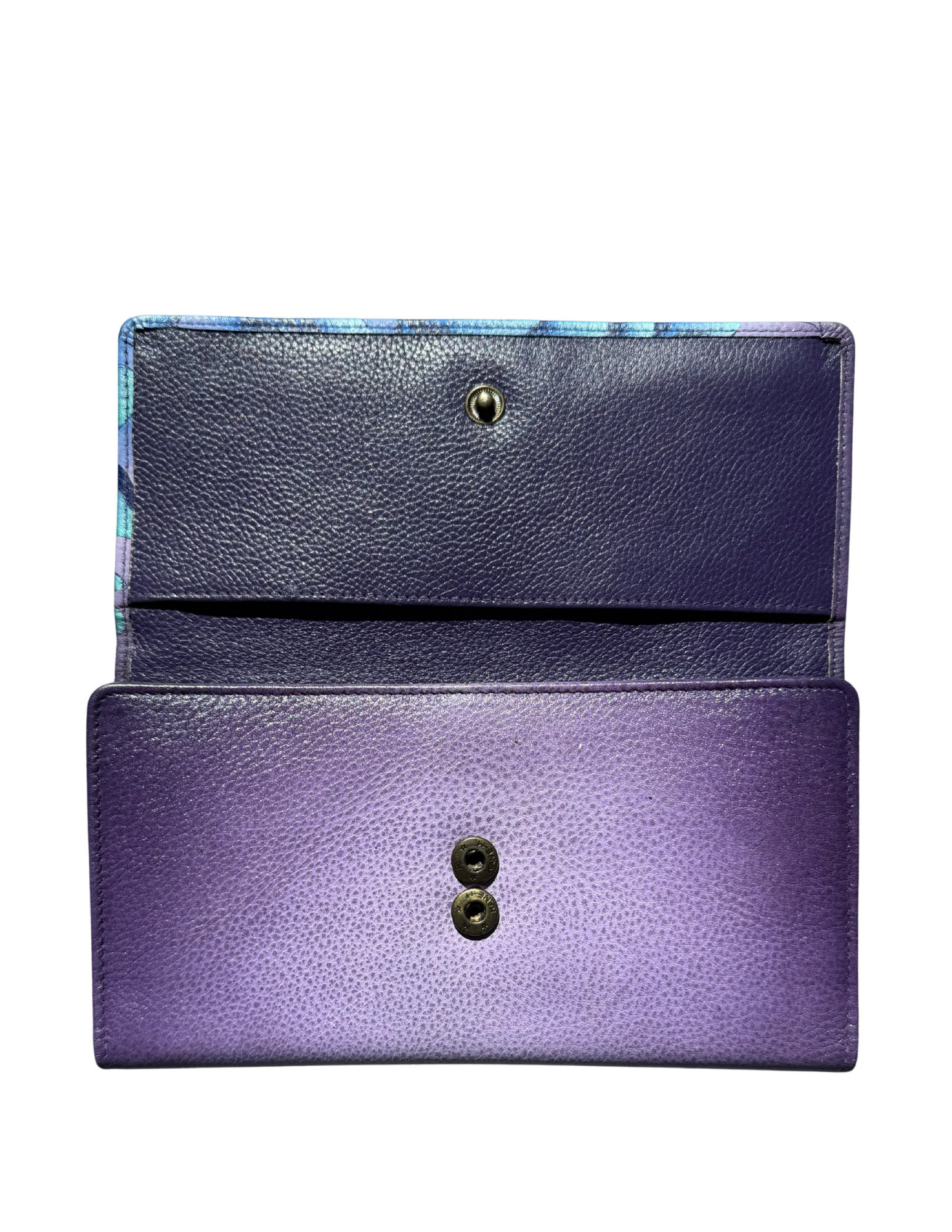 Purple leather wallet with two gold buttons on a white background