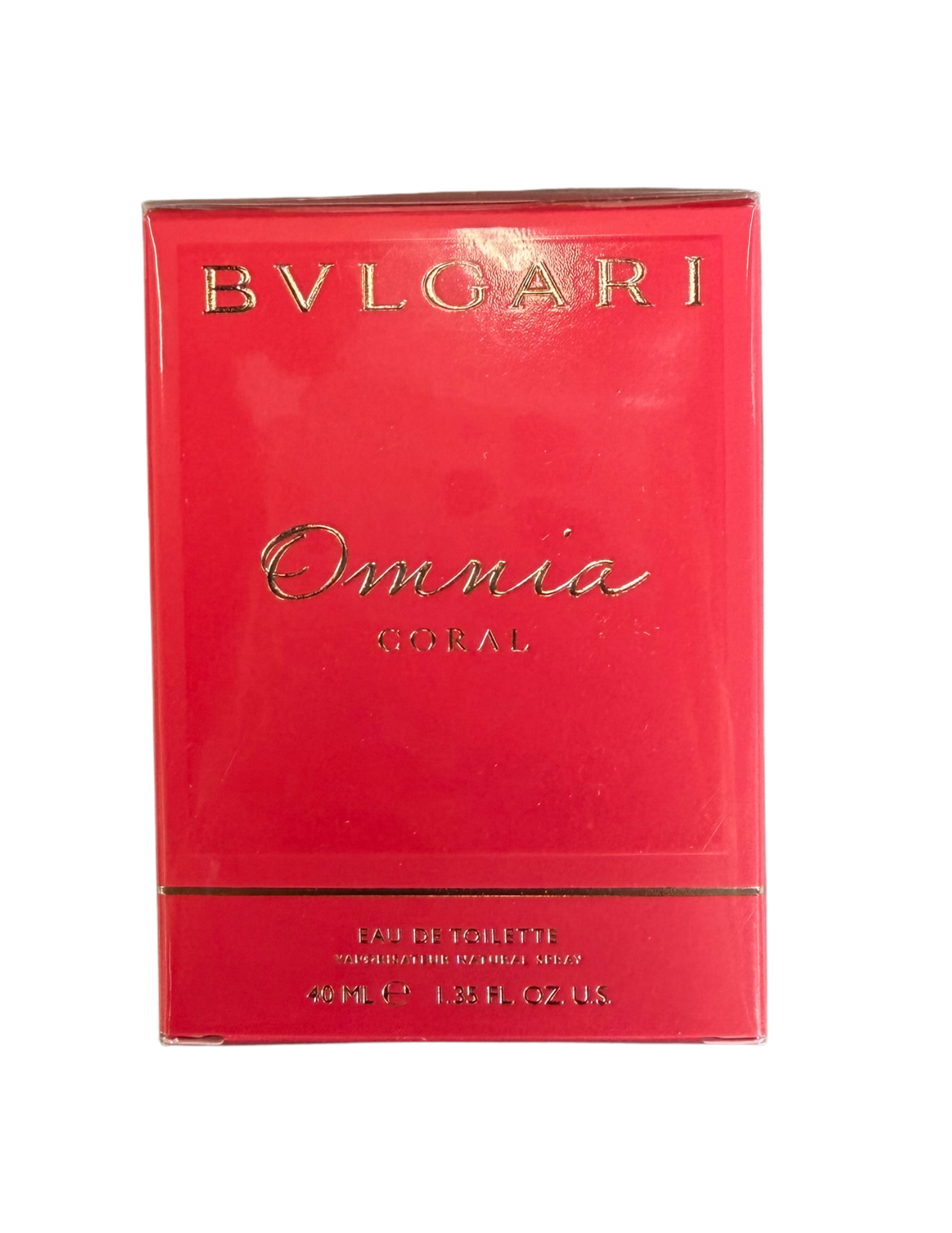 Bvlgari Omnia Coral Eau de Toilette packaging box in a vibrant coral red color with gold foil lettering, shown against a plain white background.